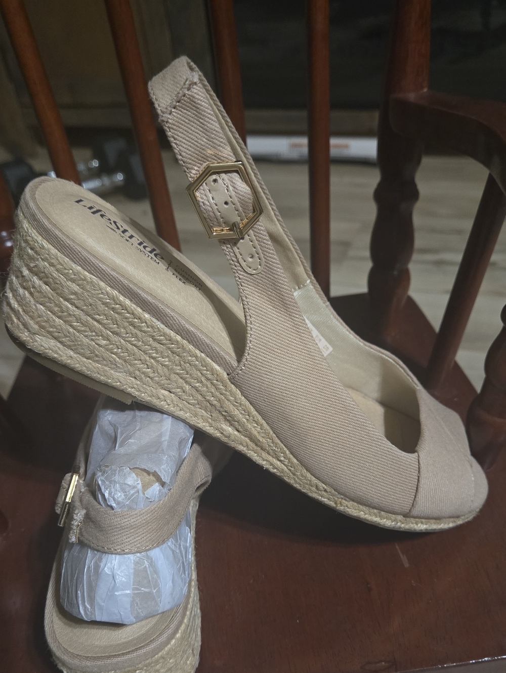 Life Stride Tan Espadrille Wedge Slingback Heels